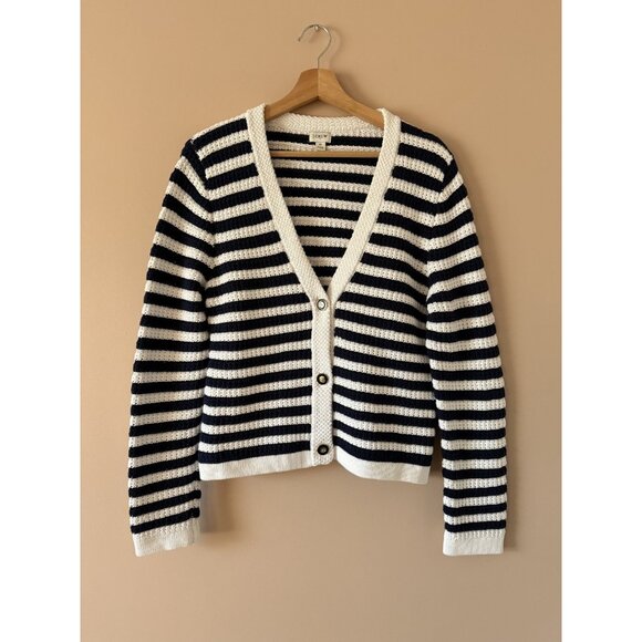 J. Crew Striped Open Knit V-Neck Cardigan Antique Navy Preppy Nautical Coquette - Picture 1 of 8